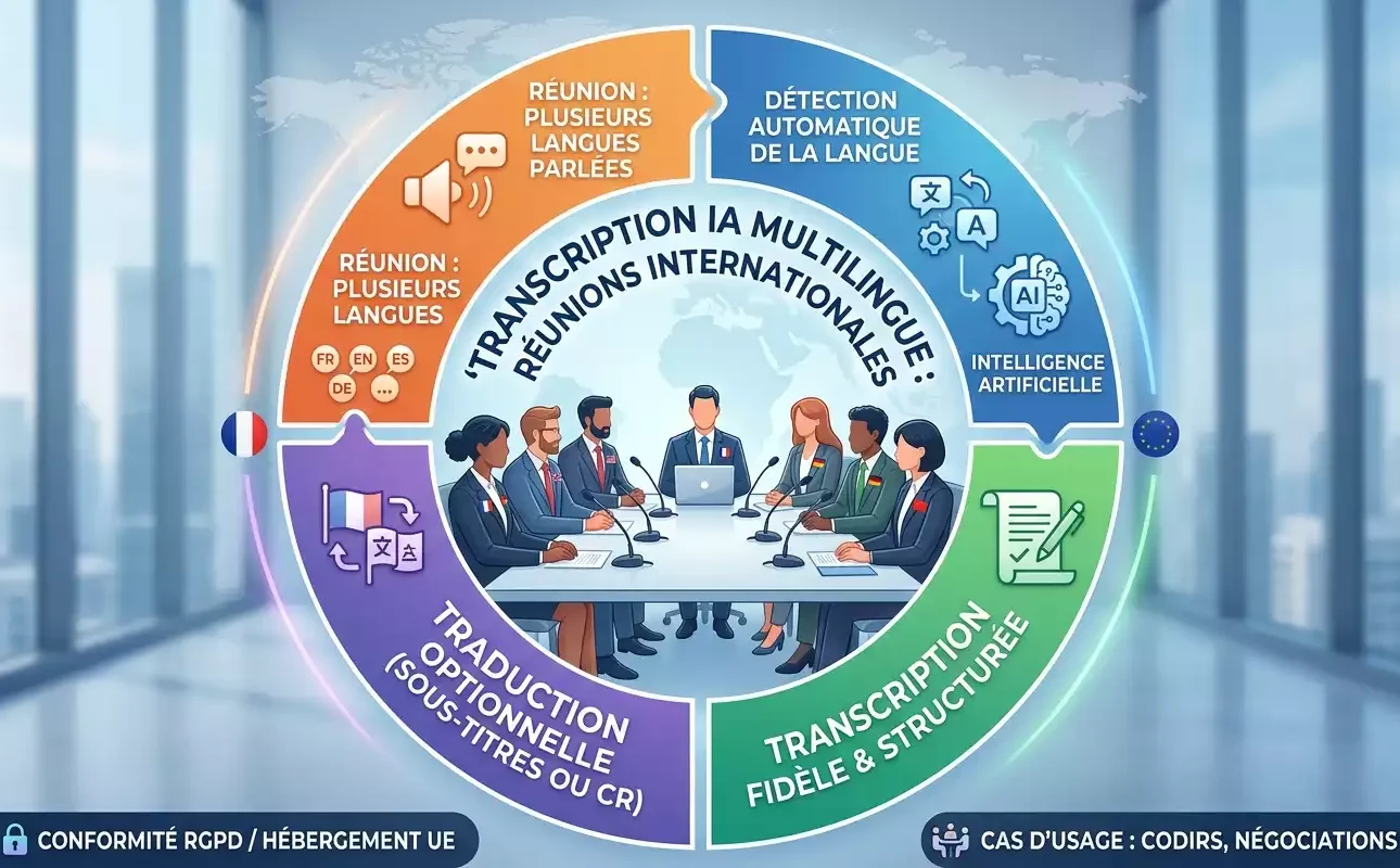 Infographie expliquant le processus de transcription IA multilingue pour les réunions internationales (généré par IA)