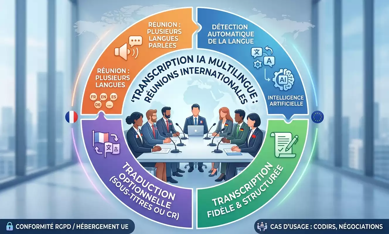 Infographie expliquant le processus de transcription IA multilingue pour les réunions internationales (généré par IA)