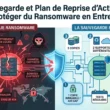 Infographie illustrative sur la sauvegarde et le plan de reprise d'activité (PRA) face aux ransomwares en entreprise. À gauche, sur fond rouge, une menace cyber montre des serveurs chiffrés, des verrous et des crânes symbolisant la demande de rançon. À droite, sur fond bleu, la solution PRA détaille la règle 3-2-1-1 avec des sauvegardes immuables (air gap), des tests réguliers et la maîtrise du RTO/RPO pour assurer la reprise d'activité d'une équipe. Image générée par Gemini.