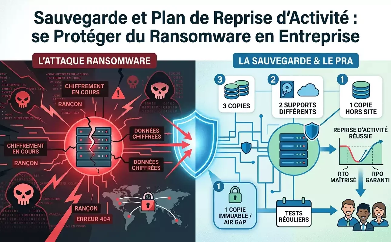 Infographie illustrative sur la sauvegarde et le plan de reprise d'activité (PRA) face aux ransomwares en entreprise. À gauche, sur fond rouge, une menace cyber montre des serveurs chiffrés, des verrous et des crânes symbolisant la demande de rançon. À droite, sur fond bleu, la solution PRA détaille la règle 3-2-1-1 avec des sauvegardes immuables (air gap), des tests réguliers et la maîtrise du RTO/RPO pour assurer la reprise d'activité d'une équipe. Image générée par Gemini.