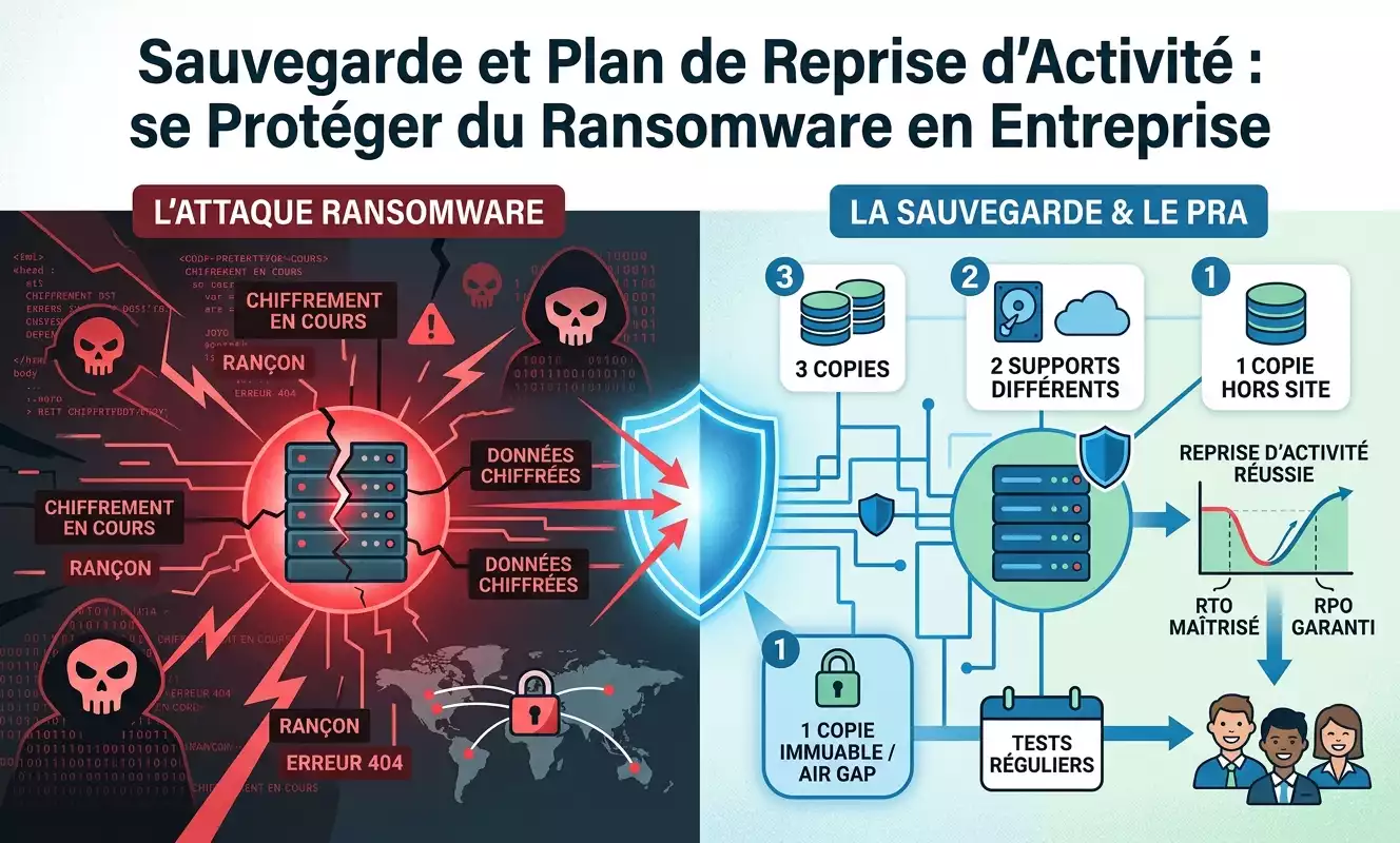 Infographie illustrative sur la sauvegarde et le plan de reprise d'activité (PRA) face aux ransomwares en entreprise. À gauche, sur fond rouge, une menace cyber montre des serveurs chiffrés, des verrous et des crânes symbolisant la demande de rançon. À droite, sur fond bleu, la solution PRA détaille la règle 3-2-1-1 avec des sauvegardes immuables (air gap), des tests réguliers et la maîtrise du RTO/RPO pour assurer la reprise d'activité d'une équipe. Image générée par Gemini.