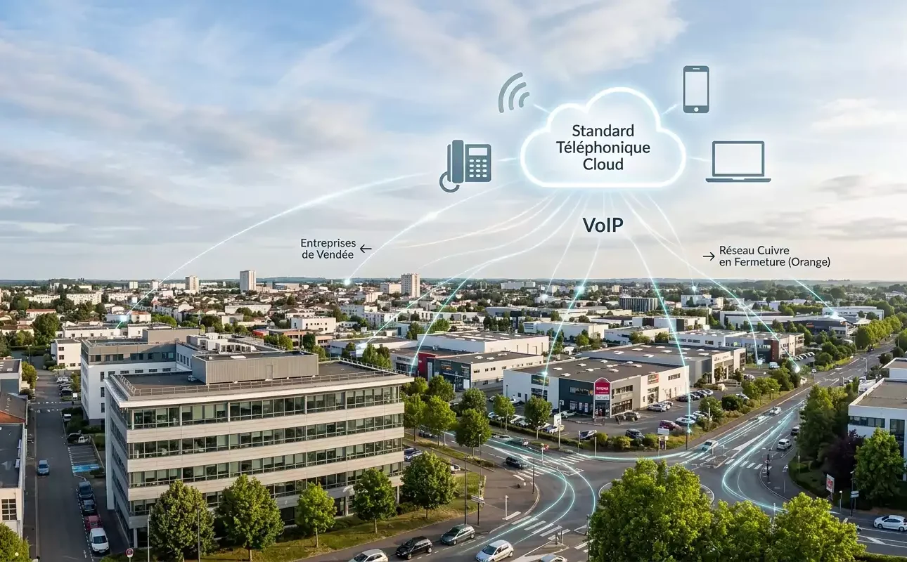 Vue aérienne d'une zone d'activités à La Roche-sur-Yon illustrant le réseau de téléphonie VoIP et standard cloud pour les entreprises en Vendée