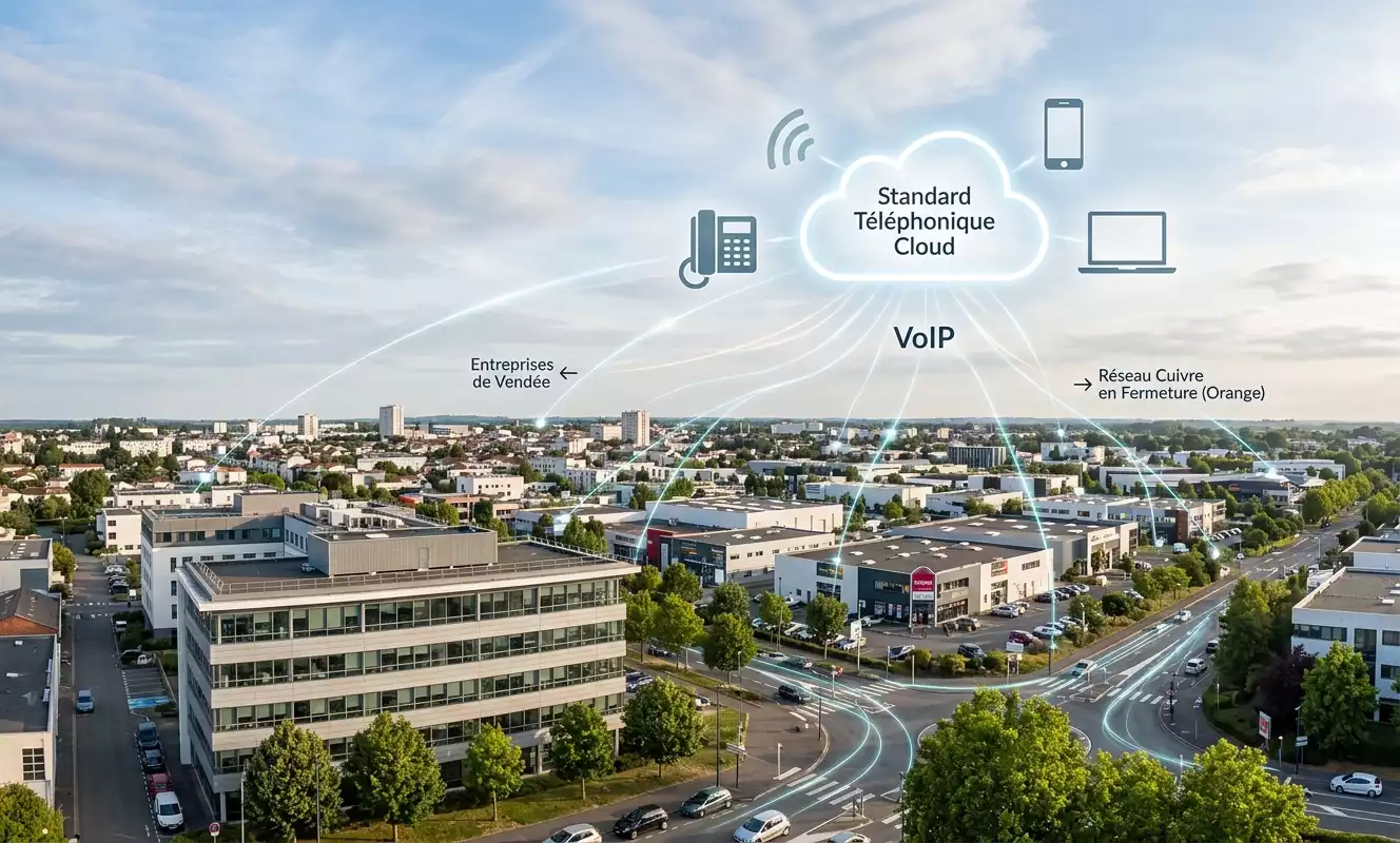 Vue aérienne d'une zone d'activités à La Roche-sur-Yon illustrant le réseau de téléphonie VoIP et standard cloud pour les entreprises en Vendée
