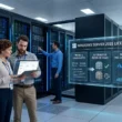 Deux techniciens informatiques analysent les licences Windows Server 2025 dans une salle de serveurs, avec une interface holographique résumant les prix, les nouveautés, l'alternative seconde main et le paiement à l'usage. Image générée par Gemini.
