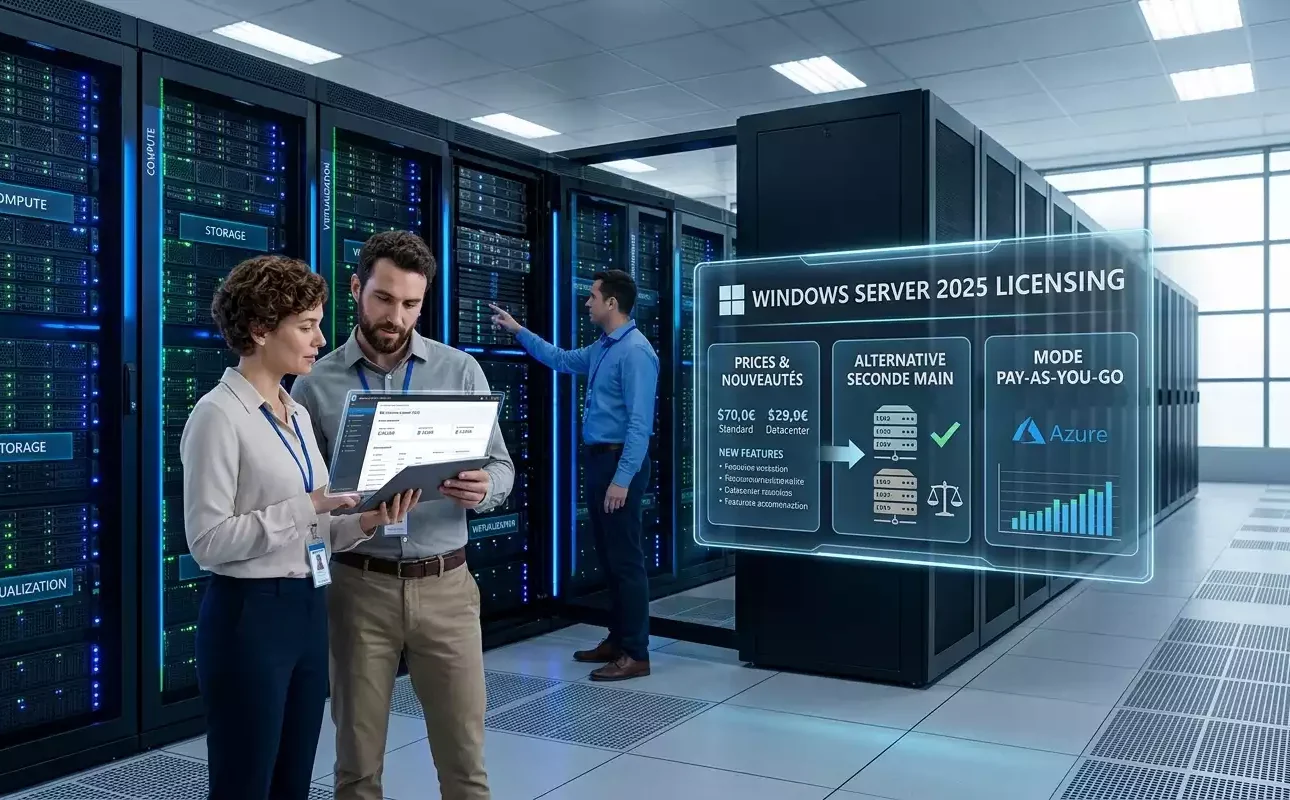 Deux techniciens informatiques analysent les licences Windows Server 2025 dans une salle de serveurs, avec une interface holographique résumant les prix, les nouveautés, l'alternative seconde main et le paiement à l'usage. Image générée par Gemini.