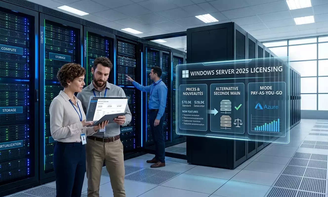 Deux techniciens informatiques analysent les licences Windows Server 2025 dans une salle de serveurs, avec une interface holographique résumant les prix, les nouveautés, l'alternative seconde main et le paiement à l'usage. Image générée par Gemini.