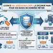Illustration sur le thème des licences SQL Server d'occasion, montrant un réseau de serveurs informatiques et de bases de données sécurisées. Visuel généré par Gemini.