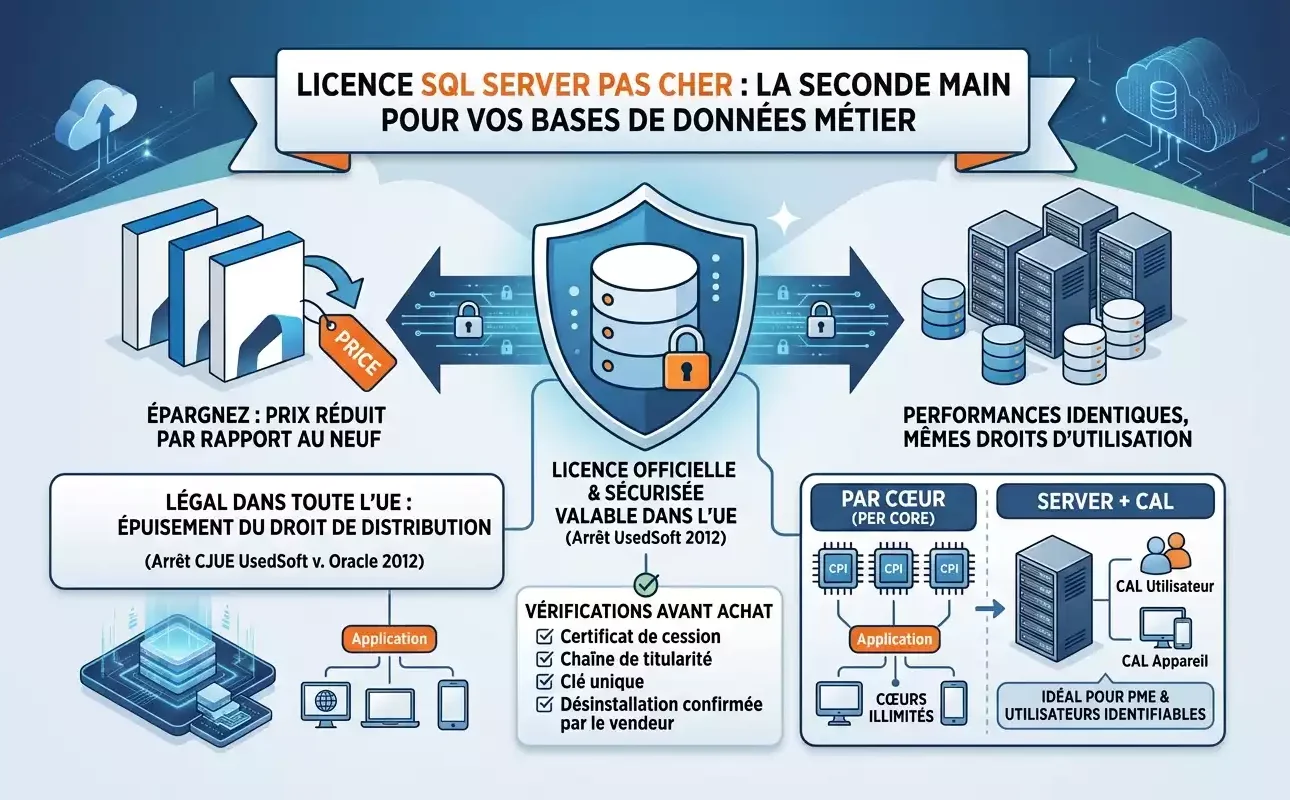 Illustration sur le thème des licences SQL Server d'occasion, montrant un réseau de serveurs informatiques et de bases de données sécurisées. Visuel généré par Gemini.