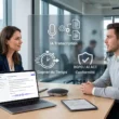 Recruteuse et candidat en entretien RH avec un ordinateur affichant une transcription automatique par IA. Générer par IA