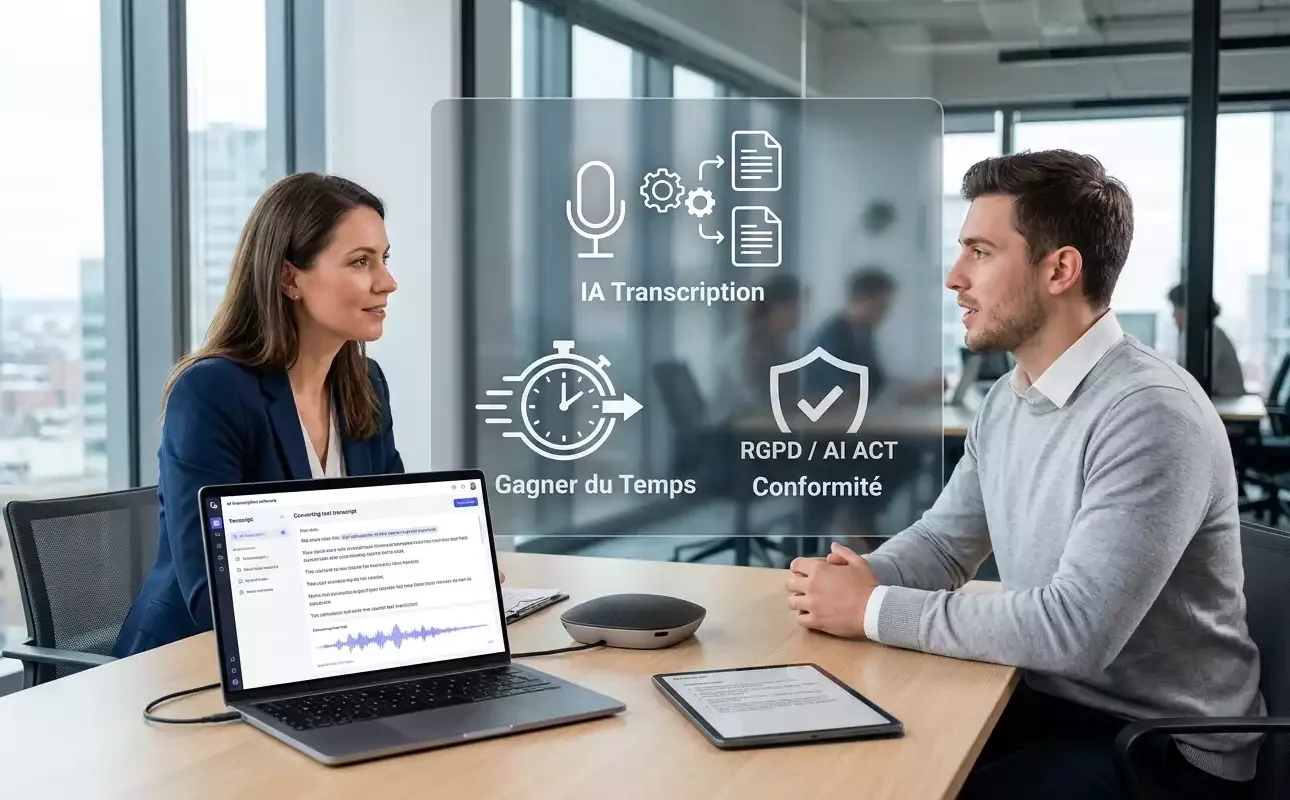 Recruteuse et candidat en entretien RH avec un ordinateur affichant une transcription automatique par IA. Générer par IA