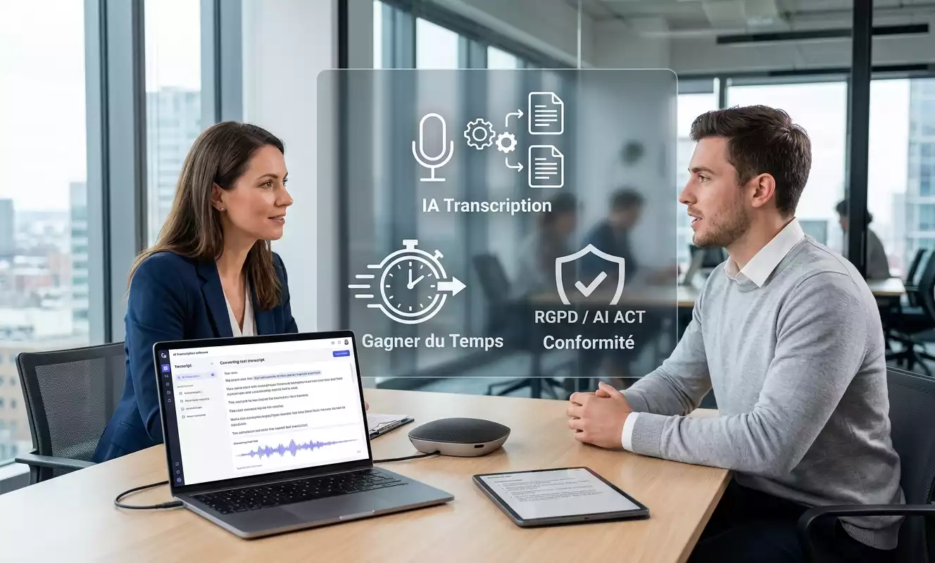 Recruteuse et candidat en entretien RH avec un ordinateur affichant une transcription automatique par IA. Générer par IA