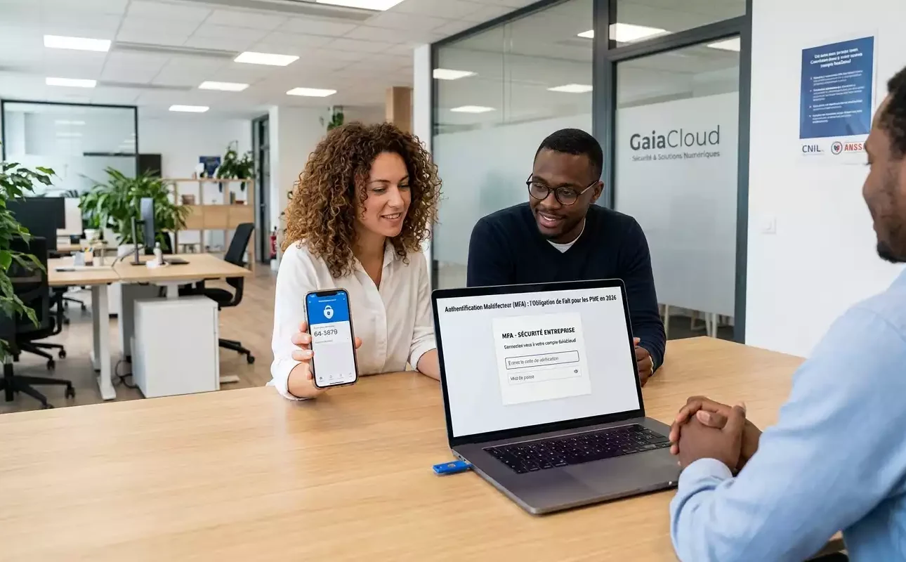 Une photographie grand angle d'un bureau moderne et lumineux en espace ouvert avec trois employés de bureau, deux assis et un troisième de profil, se faisant face. Une femme avec une coiffure bouclée présente son smartphone qui affiche un code de sécurité sur l'écran pour l'authentification multifacteur, et un homme avec des lunettes regarde un ordinateur portable qui montre également une demande d'authentification multifacteur. Un homme sur la droite regarde la femme. Généré par Gemini