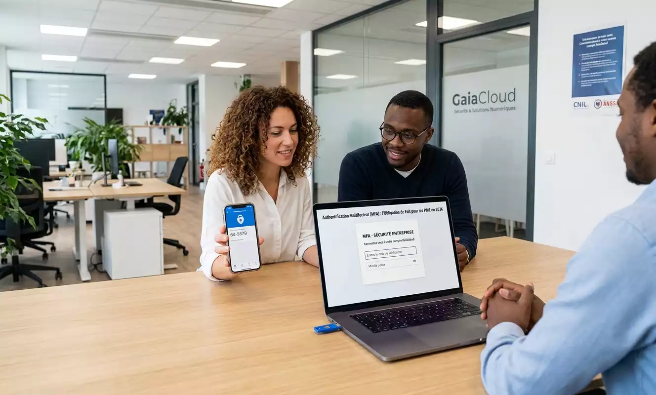 Une photographie grand angle d'un bureau moderne et lumineux en espace ouvert avec trois employés de bureau, deux assis et un troisième de profil, se faisant face. Une femme avec une coiffure bouclée présente son smartphone qui affiche un code de sécurité sur l'écran pour l'authentification multifacteur, et un homme avec des lunettes regarde un ordinateur portable qui montre également une demande d'authentification multifacteur. Un homme sur la droite regarde la femme. Généré par Gemini