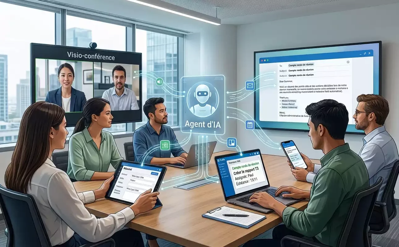 Illustration d'un agent IA de réunion en action au sein d'une équipe professionnelle, connectant une visioconférence à un CRM, une liste de tâches et un email en français. Image générée par Gemini.