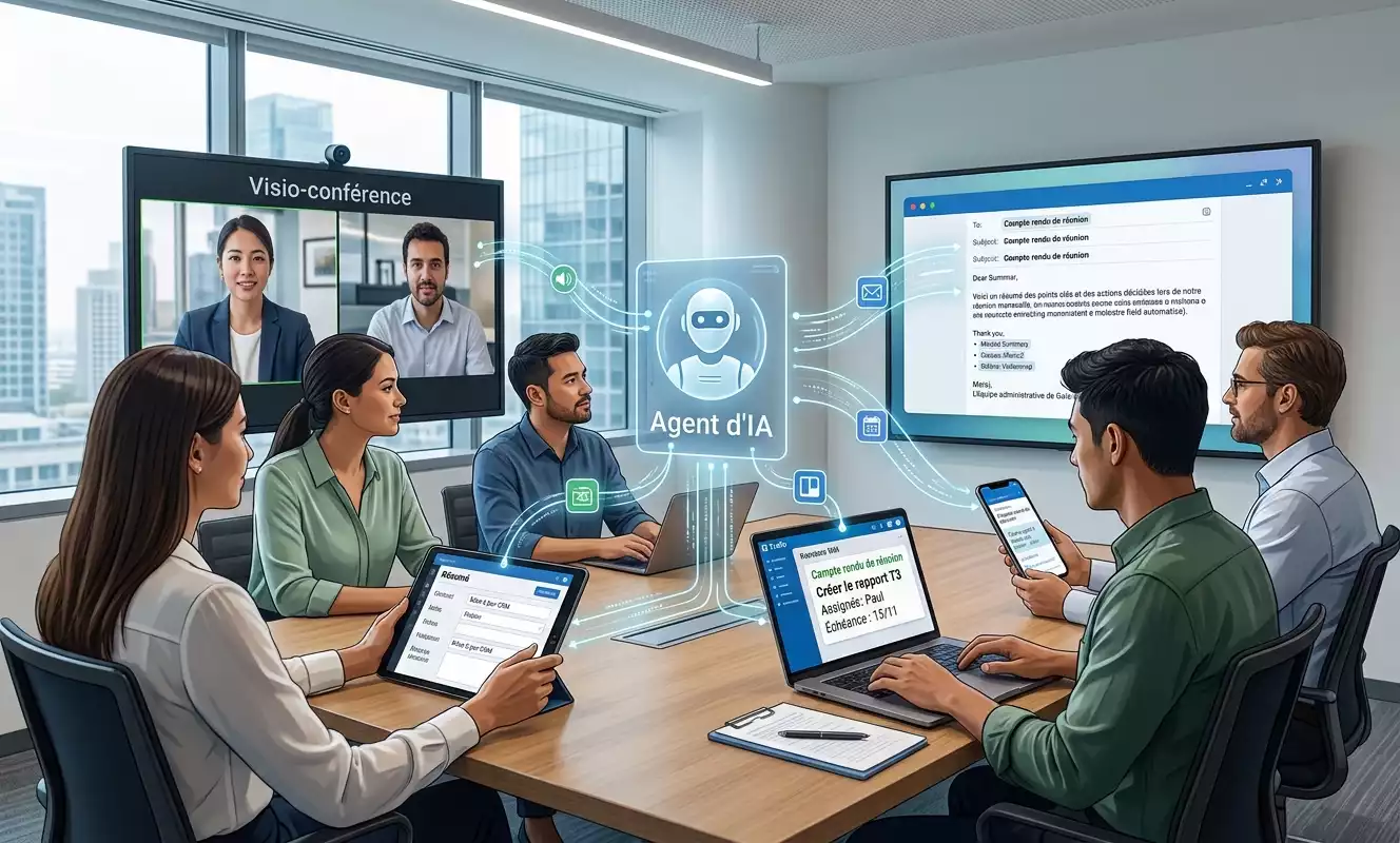 Illustration d'un agent IA de réunion en action au sein d'une équipe professionnelle, connectant une visioconférence à un CRM, une liste de tâches et un email en français. Image générée par Gemini.