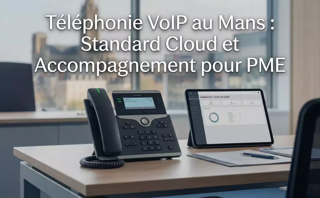 Téléphonie VoIP au Mans : Standard Cloud et Accompagnement pour PME — visuel d'illustration de poste téléphonique IP et tablette de gestion (généré par Gemini)
