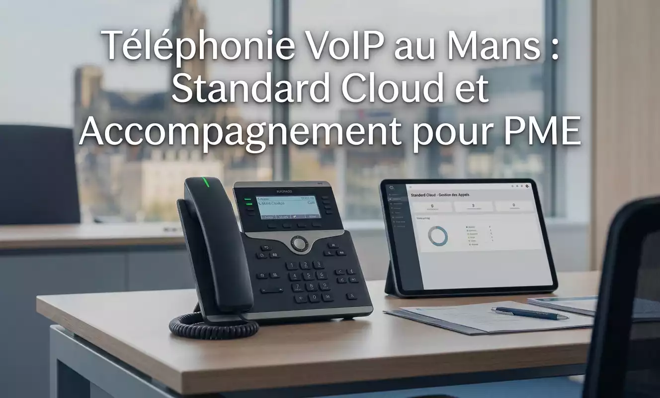 Téléphonie VoIP au Mans : Standard Cloud et Accompagnement pour PME — visuel d'illustration de poste téléphonique IP et tablette de gestion (généré par Gemini)