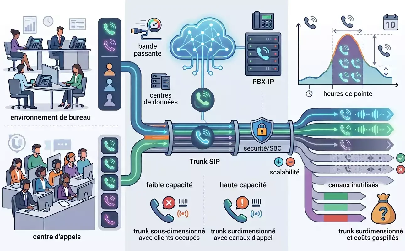Infographie détaillée comparant le dimensionnement des liaisons Trunk SIP pour une entreprise. À gauche, deux scénarios : un « environnement de bureau » (faible densité d'appels) et un « centre d'appels » (forte densité). Le flux d'appels traverse une infrastructure centrale avec « bande passante », « centres de données », « PBX-IP » et « sécurité/SBC », vers un « Trunk SIP ». Un graphique en haut à droite illustre les « heures de pointe ». La partie inférieure droite compare l'impact du dimensionnement : « canaux inutilisés » menant à un « trunk surdimensionné et coûts gaspillés » vs. « faible capacité » entraînant un « trunk sous-dimensionné avec clients occupés » ou « haute capacité ». Des icônes de téléphone avec un « X » ou un « ! » symbolisent les problèmes de capacité. Les textes sont en français. Image générée par Gemini.