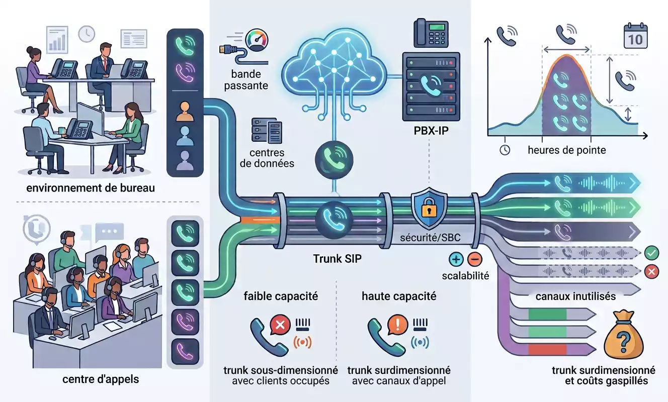 Infographie détaillée comparant le dimensionnement des liaisons Trunk SIP pour une entreprise. À gauche, deux scénarios : un « environnement de bureau » (faible densité d'appels) et un « centre d'appels » (forte densité). Le flux d'appels traverse une infrastructure centrale avec « bande passante », « centres de données », « PBX-IP » et « sécurité/SBC », vers un « Trunk SIP ». Un graphique en haut à droite illustre les « heures de pointe ». La partie inférieure droite compare l'impact du dimensionnement : « canaux inutilisés » menant à un « trunk surdimensionné et coûts gaspillés » vs. « faible capacité » entraînant un « trunk sous-dimensionné avec clients occupés » ou « haute capacité ». Des icônes de téléphone avec un « X » ou un « ! » symbolisent les problèmes de capacité. Les textes sont en français. Image générée par Gemini.