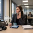 Avocate au téléphone dans un cabinet d'avocats élégant, illustrant la téléphonie d'entreprise, la confidentialité et la mobilité (image générée par IA)