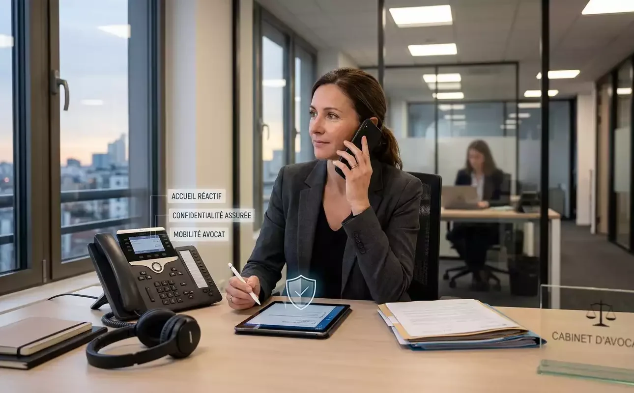 Avocate au téléphone dans un cabinet d'avocats élégant, illustrant la téléphonie d'entreprise, la confidentialité et la mobilité (image générée par IA)