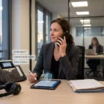 Avocate au téléphone dans un cabinet d'avocats élégant, illustrant la téléphonie d'entreprise, la confidentialité et la mobilité (image générée par IA)
