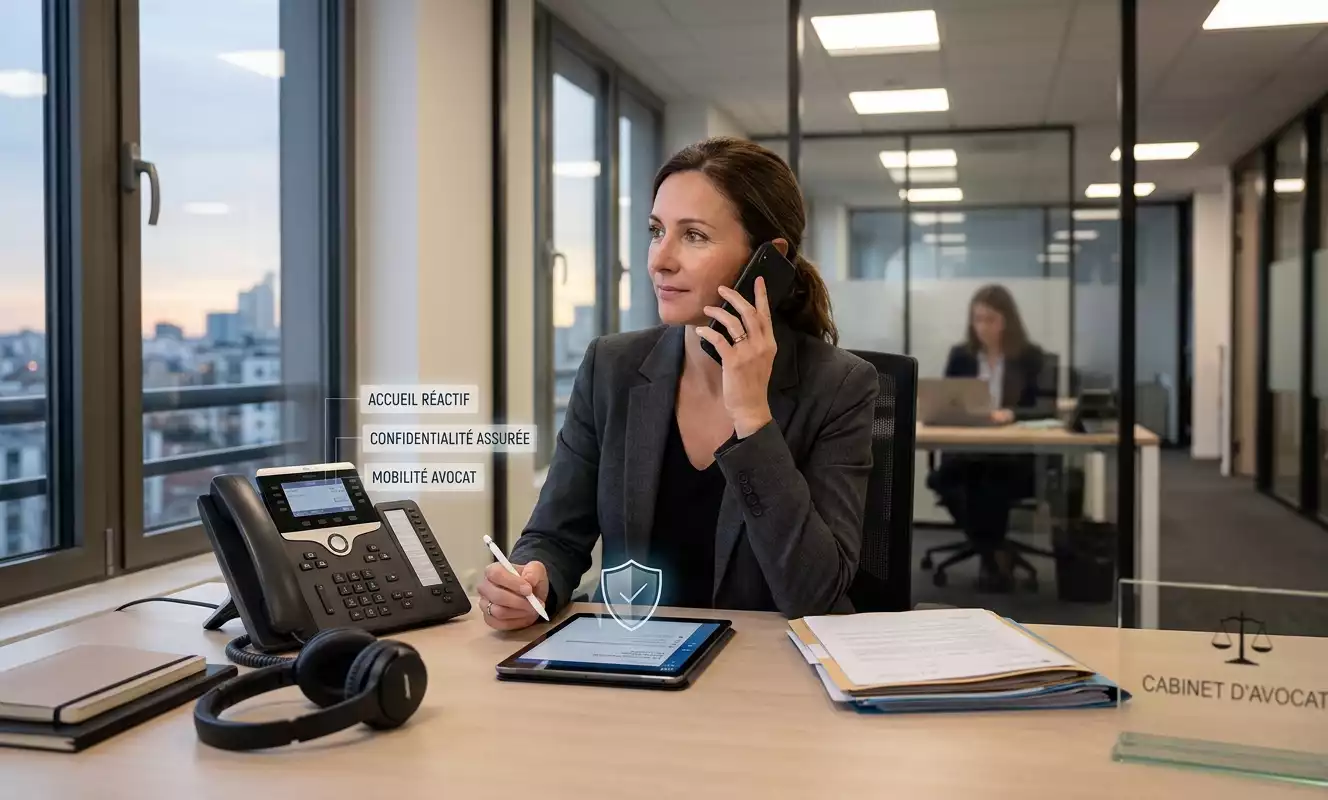 Avocate au téléphone dans un cabinet d'avocats élégant, illustrant la téléphonie d'entreprise, la confidentialité et la mobilité (image générée par IA)