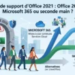 Une image d'illustration sur le thème de la technologie et de la transition logicielle. La scène montre une arche de pierre en ruine marquée "OCTOBRE 2026 FIN" et de vieilles icônes d'applications Microsoft Office (Word 2021, Excel 2021, PowerPoint 2021). Plusieurs personnes en tenue professionnelle sortent de l'arche et se dirigent vers plusieurs flèches qui se divisent en différentes directions, chacune menant à une option : Microsoft 365, Office 2024 (Achat unique), Seconde main (D'occasion), et une flèche grise discrète pour Alternatives (ex: LibreOffice). En arrière-plan, une ville futuriste. Le titre en haut de l'image est "Fin de support d'Office 2021 : Office 2024, Microsoft 365 ou seconde main ?". L'image est générée par IA.