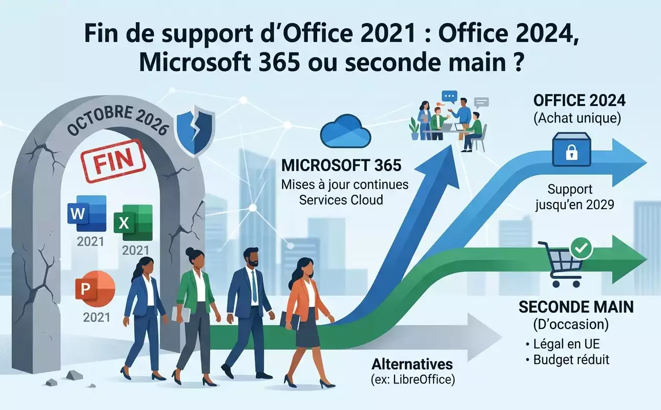 Une image d'illustration sur le thème de la technologie et de la transition logicielle. La scène montre une arche de pierre en ruine marquée "OCTOBRE 2026 FIN" et de vieilles icônes d'applications Microsoft Office (Word 2021, Excel 2021, PowerPoint 2021). Plusieurs personnes en tenue professionnelle sortent de l'arche et se dirigent vers plusieurs flèches qui se divisent en différentes directions, chacune menant à une option : Microsoft 365, Office 2024 (Achat unique), Seconde main (D'occasion), et une flèche grise discrète pour Alternatives (ex: LibreOffice). En arrière-plan, une ville futuriste. Le titre en haut de l'image est "Fin de support d'Office 2021 : Office 2024, Microsoft 365 ou seconde main ?". L'image est générée par IA.