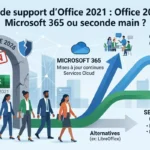 Une image d'illustration sur le thème de la technologie et de la transition logicielle. La scène montre une arche de pierre en ruine marquée "OCTOBRE 2026 FIN" et de vieilles icônes d'applications Microsoft Office (Word 2021, Excel 2021, PowerPoint 2021). Plusieurs personnes en tenue professionnelle sortent de l'arche et se dirigent vers plusieurs flèches qui se divisent en différentes directions, chacune menant à une option : Microsoft 365, Office 2024 (Achat unique), Seconde main (D'occasion), et une flèche grise discrète pour Alternatives (ex: LibreOffice). En arrière-plan, une ville futuriste. Le titre en haut de l'image est "Fin de support d'Office 2021 : Office 2024, Microsoft 365 ou seconde main ?". L'image est générée par IA.