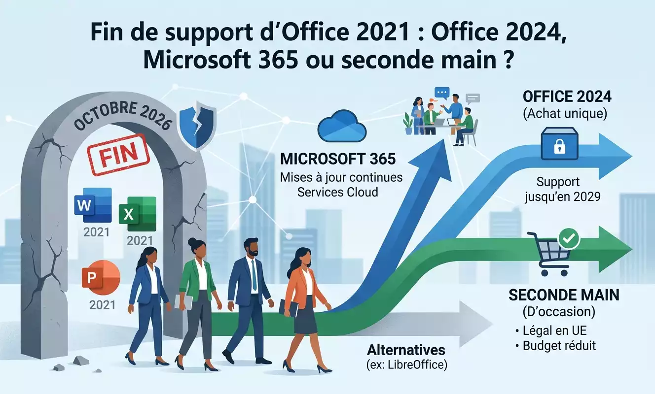 Une image d'illustration sur le thème de la technologie et de la transition logicielle. La scène montre une arche de pierre en ruine marquée "OCTOBRE 2026 FIN" et de vieilles icônes d'applications Microsoft Office (Word 2021, Excel 2021, PowerPoint 2021). Plusieurs personnes en tenue professionnelle sortent de l'arche et se dirigent vers plusieurs flèches qui se divisent en différentes directions, chacune menant à une option : Microsoft 365, Office 2024 (Achat unique), Seconde main (D'occasion), et une flèche grise discrète pour Alternatives (ex: LibreOffice). En arrière-plan, une ville futuriste. Le titre en haut de l'image est "Fin de support d'Office 2021 : Office 2024, Microsoft 365 ou seconde main ?". L'image est générée par IA.