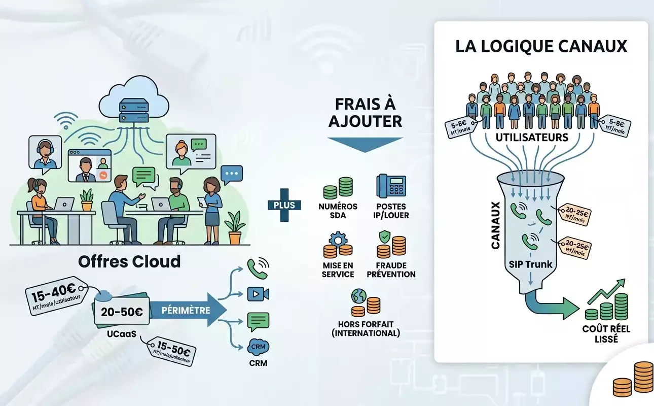 Infographie expliquant le prix de la téléphonie VoIP en entreprise : comparaison des offres cloud, des frais cachés et de la logique de facturation par canaux. Image générée par IA