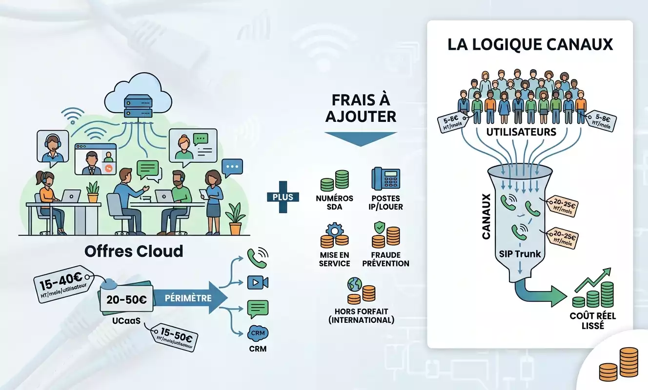 Infographie expliquant le prix de la téléphonie VoIP en entreprise : comparaison des offres cloud, des frais cachés et de la logique de facturation par canaux. Image générée par IA