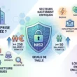 Infographie générée par IA : critères d'application de la directive NIS2 pour les entreprises. Présente les secteurs critiques (Énergie, Santé, Finance, etc.), les seuils de taille de l'entreprise (salariés et chiffre d'affaires), et l'état de la Loi Résilience en France au 9 octobre 2026.