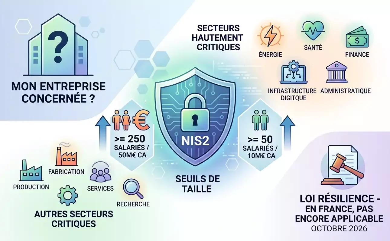 Infographie générée par IA : critères d'application de la directive NIS2 pour les entreprises. Présente les secteurs critiques (Énergie, Santé, Finance, etc.), les seuils de taille de l'entreprise (salariés et chiffre d'affaires), et l'état de la Loi Résilience en France au 9 octobre 2026.