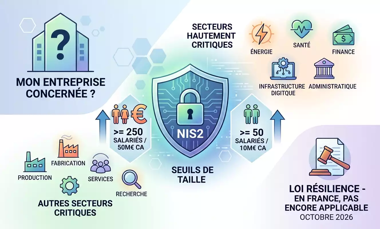 Infographie générée par IA : critères d'application de la directive NIS2 pour les entreprises. Présente les secteurs critiques (Énergie, Santé, Finance, etc.), les seuils de taille de l'entreprise (salariés et chiffre d'affaires), et l'état de la Loi Résilience en France au 9 octobre 2026.