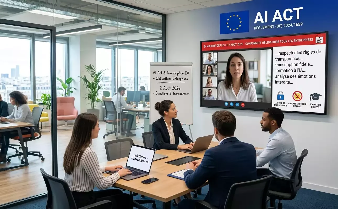 Photo de réunion d'entreprise illustrant l'application de l'AI Act et les règles de transcription IA depuis le 2 août 2026 (Image générée par IA)