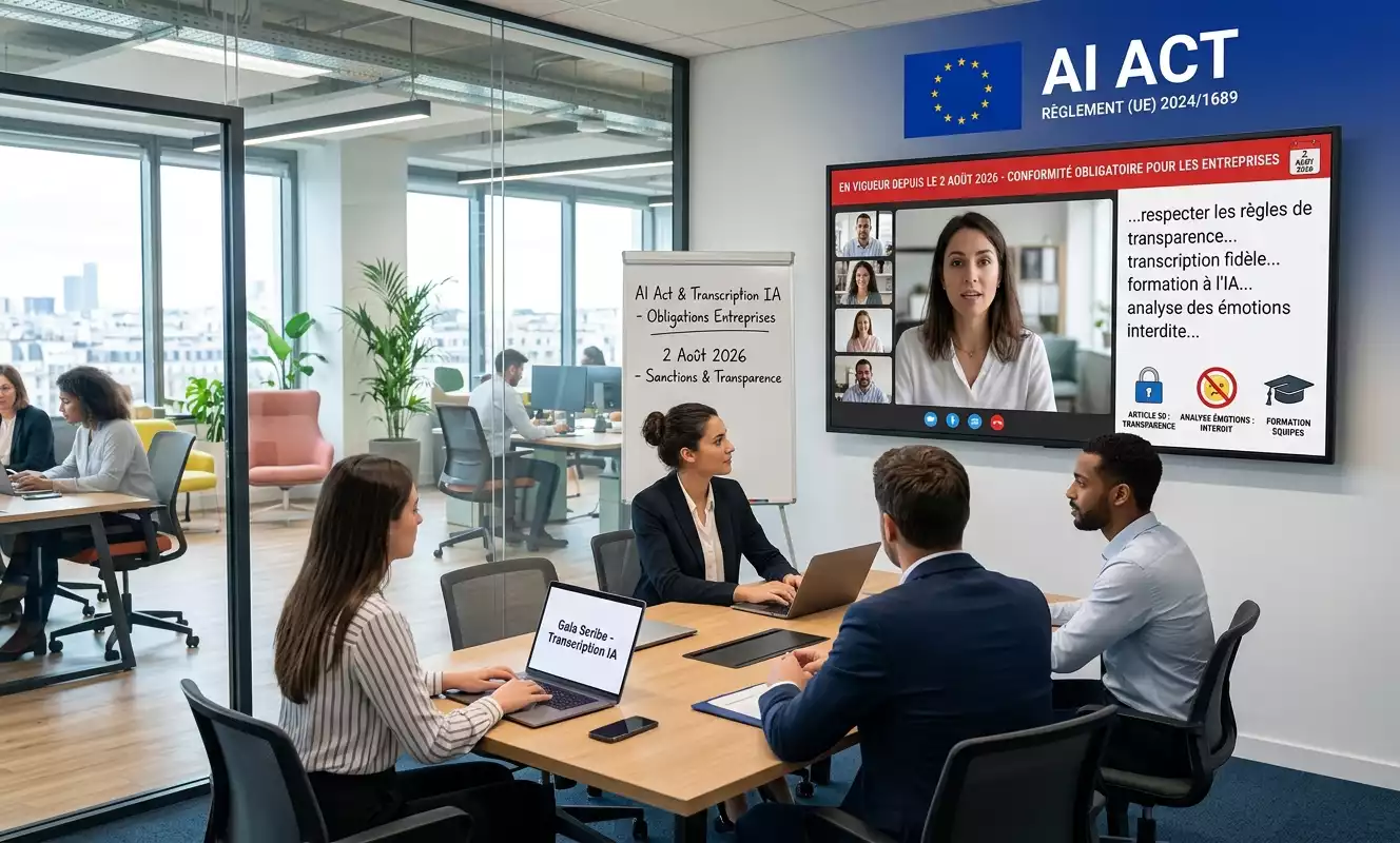 Photo de réunion d'entreprise illustrant l'application de l'AI Act et les règles de transcription IA depuis le 2 août 2026 (Image générée par IA)