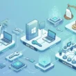 Illustration isométrique présentant les licences OEM, Retail et Volume avec une balance de justice — généré par Gemini