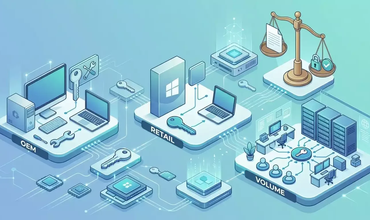 Illustration isométrique présentant les licences OEM, Retail et Volume avec une balance de justice — généré par Gemini