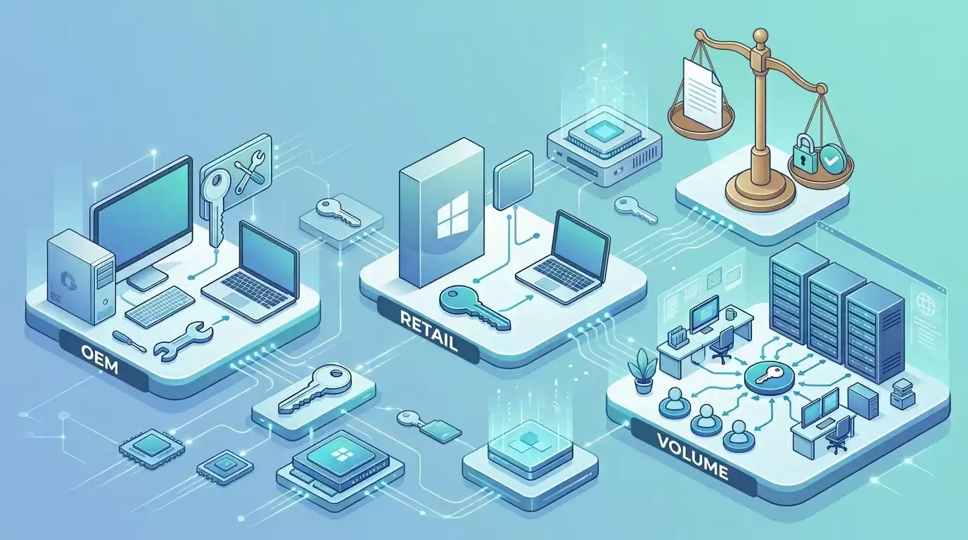 Illustration isométrique présentant les licences OEM, Retail et Volume avec une balance de justice — généré par Gemini