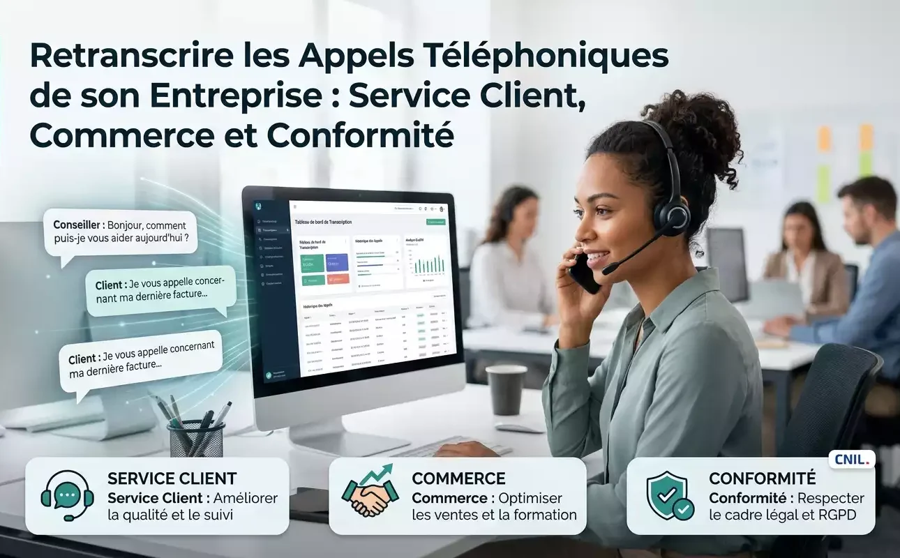 Illustration du guide sur la retranscription des appels téléphoniques en entreprise : service client, commerce et conformité. Image générée par Gemini.