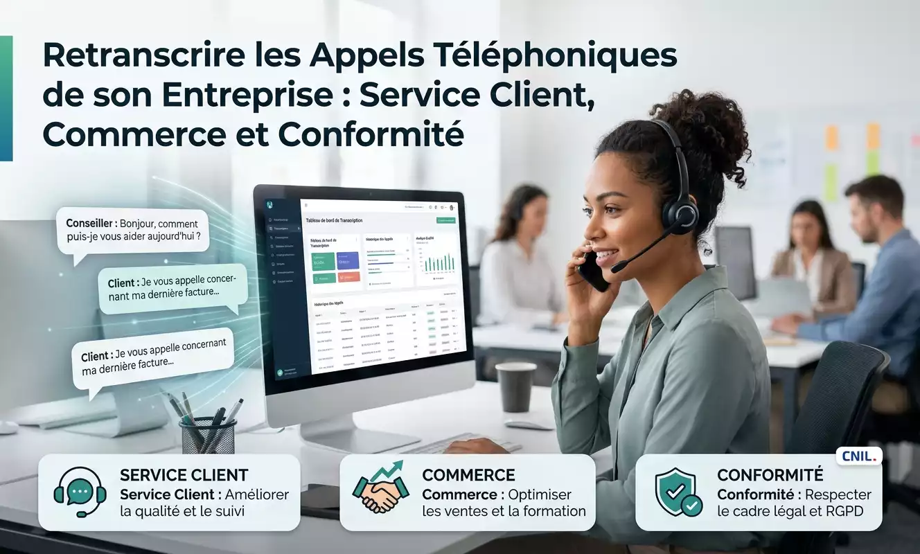 Illustration du guide sur la retranscription des appels téléphoniques en entreprise : service client, commerce et conformité. Image générée par Gemini.