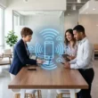 Illustration d'une agence immobilière moderne utilisant la téléphonie cloud et la VoIP (généré par Gemini)