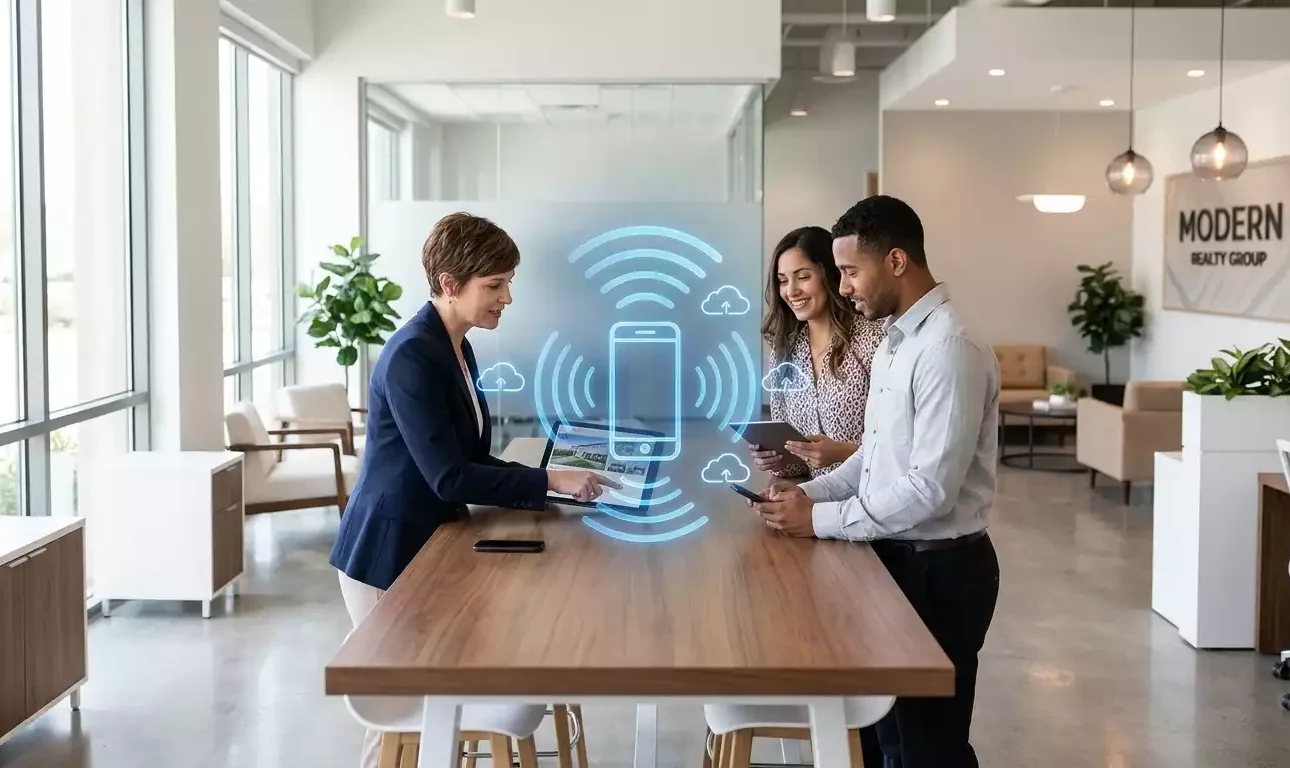 Illustration d'une agence immobilière moderne utilisant la téléphonie cloud et la VoIP (généré par Gemini)