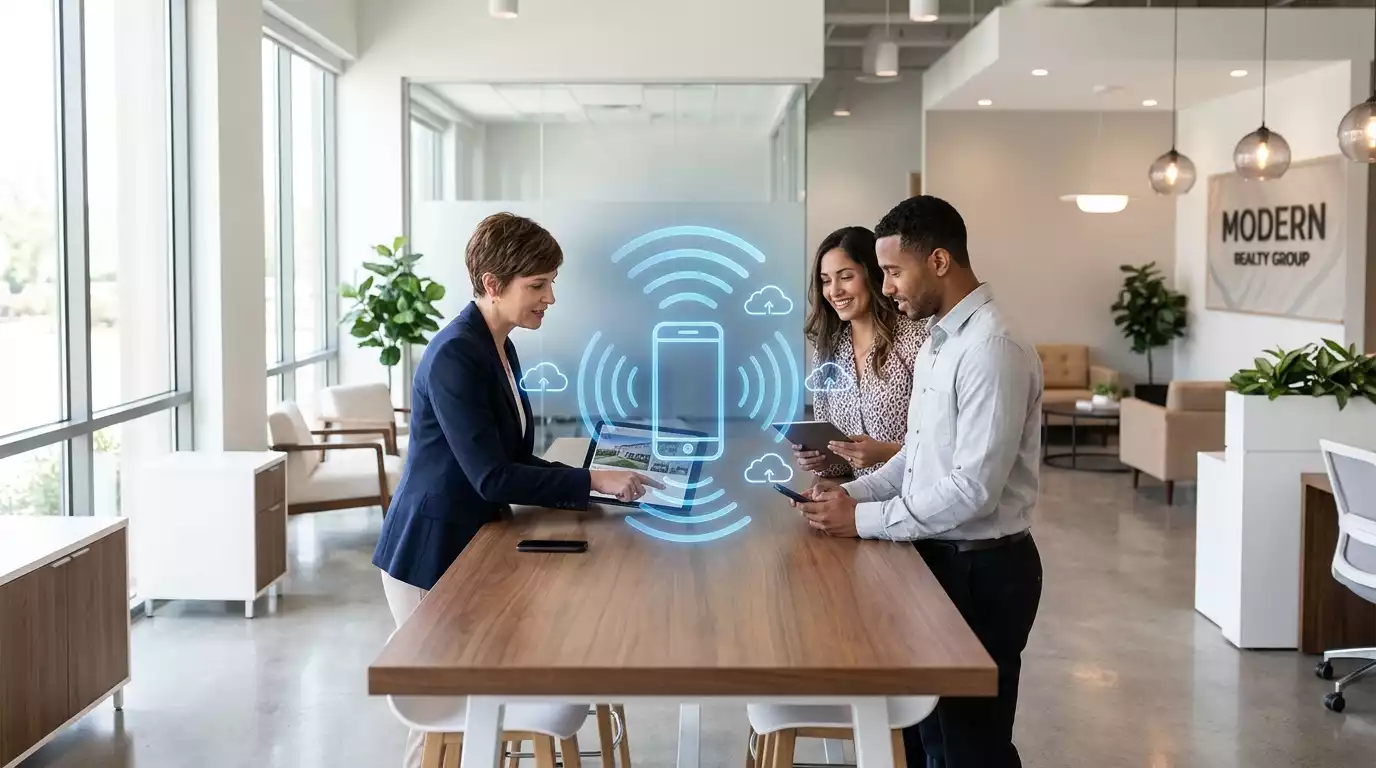 Illustration d'une agence immobilière moderne utilisant la téléphonie cloud et la VoIP (généré par Gemini)