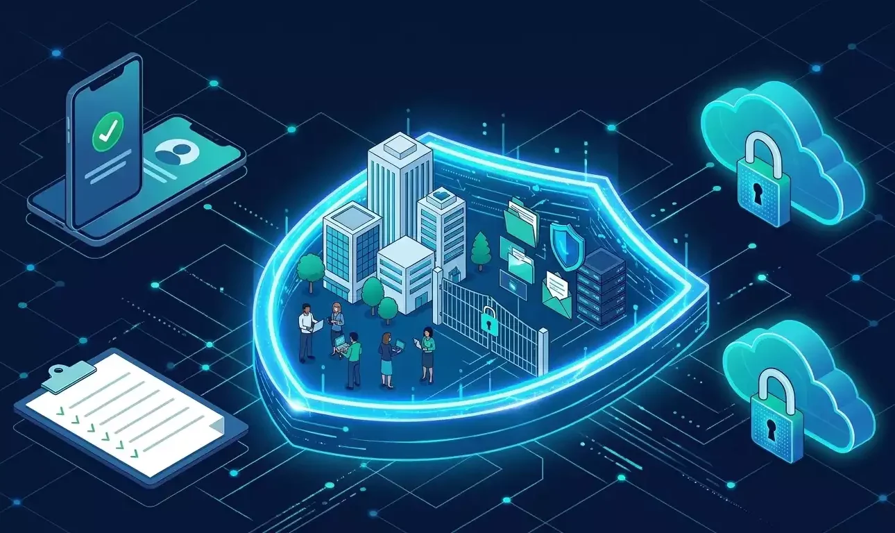Illustration de la sécurisation de Microsoft 365 pour les PME, présentant un bouclier de protection, une double authentification et du stockage cloud sécurisé — généré par Gemini