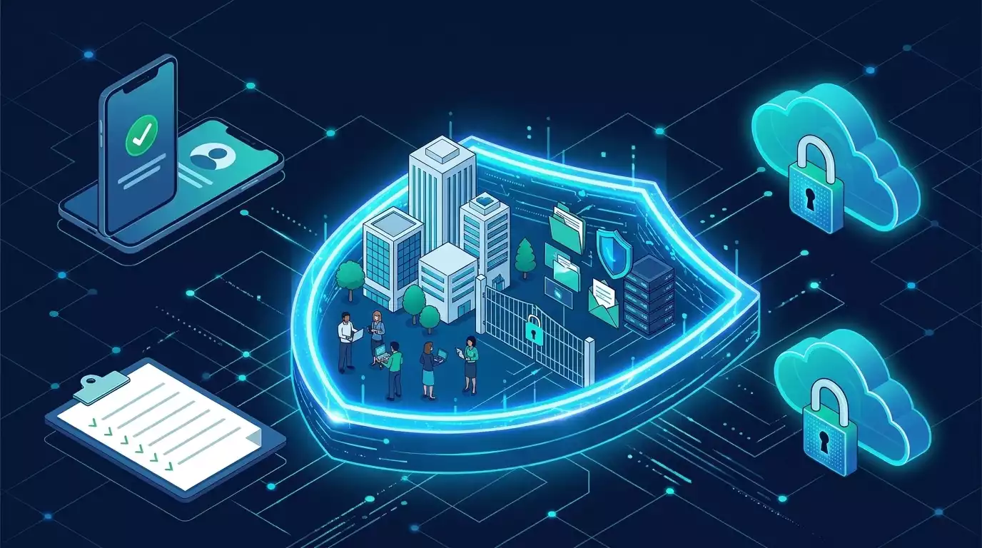 Illustration de la sécurisation de Microsoft 365 pour les PME, présentant un bouclier de protection, une double authentification et du stockage cloud sécurisé — généré par Gemini