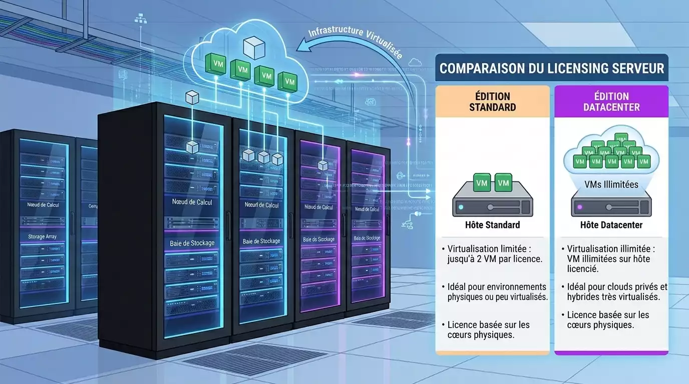 Infographie comparative des licences Windows Server Standard vs Datacenter et calcul des cœurs (généré par IA)
