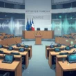 Illustration d'une salle de conseil municipal française moderne avec des éléments graphiques numériques de transcription par intelligence artificielle (ondes sonores, données informatiques) — image générée par Gemini.